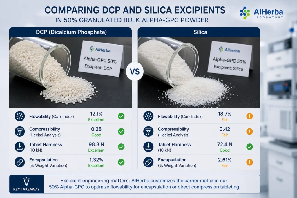 Comparing DCP and Silica excipients in 50% granulated bulk Alpha-GPC powder