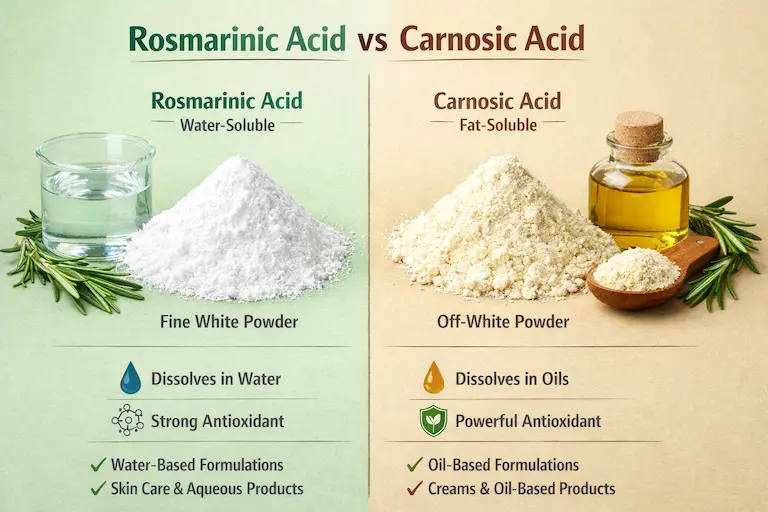 Rosmarinic Acid vs Carnosic Acid: Formulator Guide 1 Choosing The Right Polarity: Water-Soluble Rosmarinic Acid (Left) Vs. Lipid-Soluble Carnosic Acid (Right)