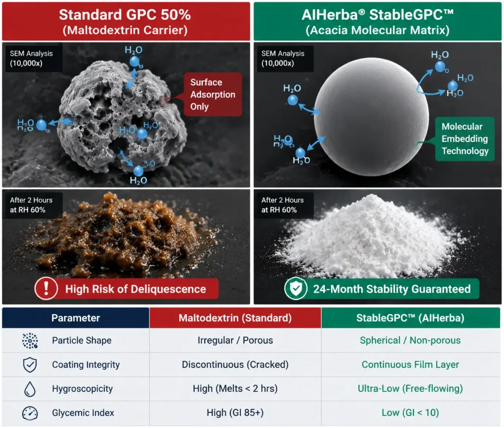 Scanning electron microscope (SEM) comparison showing Alpha-GPC particles embedded in Acacia matrix (StableGPC) versus standard maltodextrin carrier.