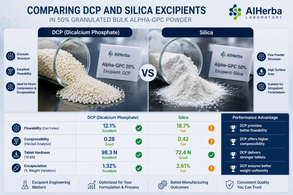 Alpha-GPC Technical Library: Formulation, Stability & Sourcing Guide 2 Technical comparison chart of Alpha-GPC 50% granulated powder using Dicalcium Phosphate (DCP) vs. Silicon Dioxide (Silica) carriers for high-speed encapsulation and tableting.