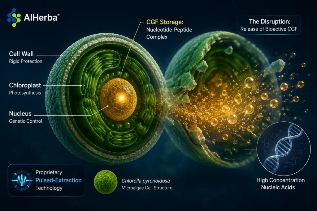 Microscopic cross-section of Chlorella pyrenoidosa highlighting the CGF-rich nucleus and the AIHerba DNA/RNA pulsed extraction process.