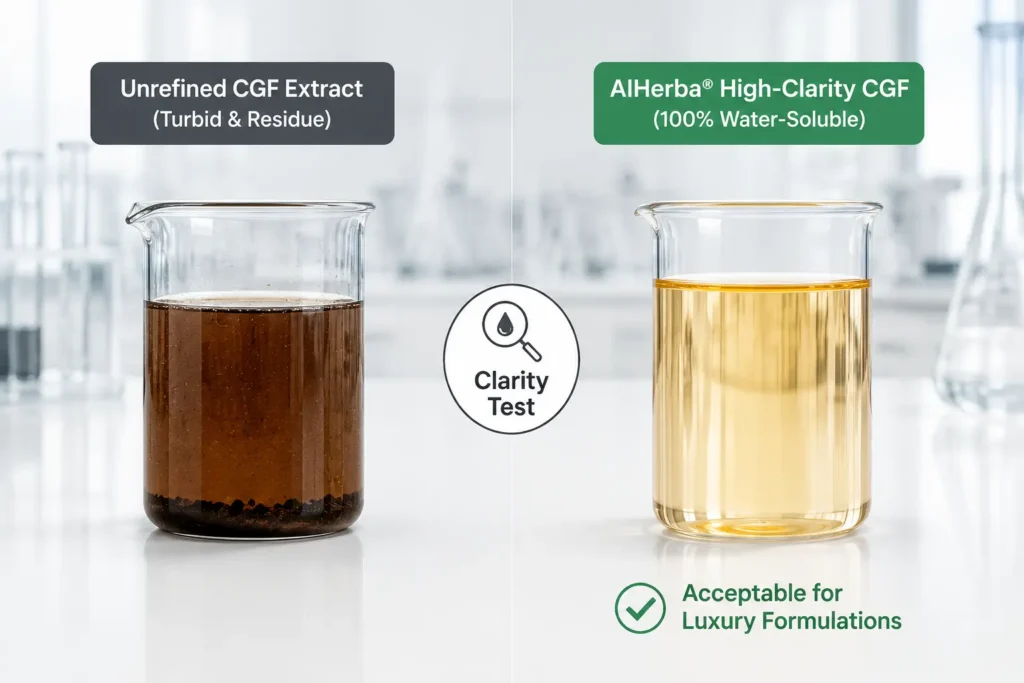 B2B technical comparison of Chlorella Growth Factor solubility: standard unrefined extract versus AIHerba high-clarity CGF for serums and beverages.